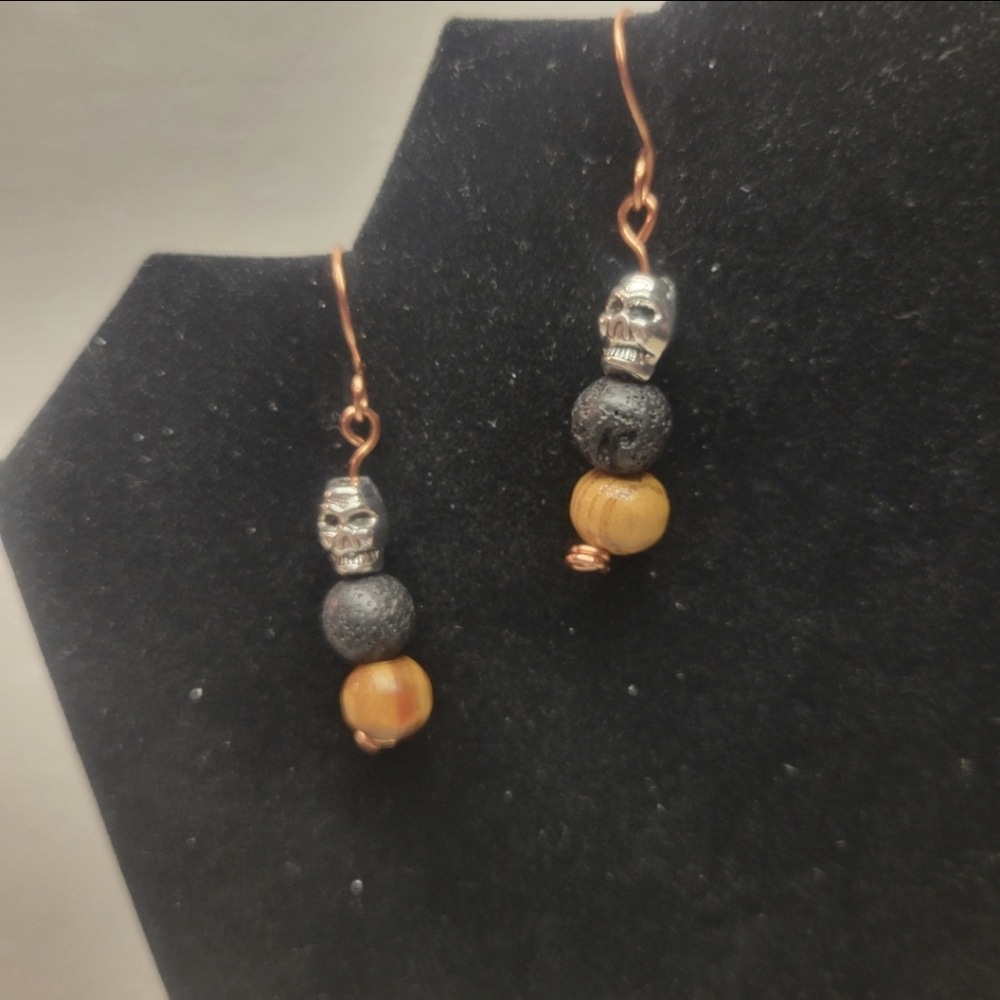 Copper, Wooden, Lava, and Silver Skeleton Dangle Earrings